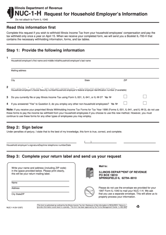 Fillable Form Nuc-1-H - Request For Household Employer