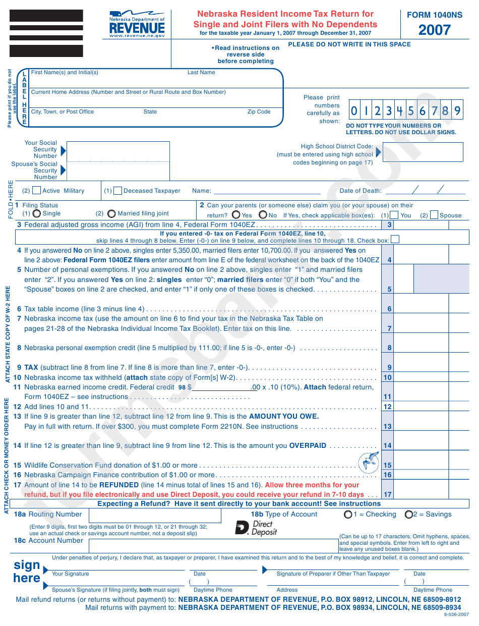 Form 1040ns - Nebraska Resident Income Tax Return For Single And Joint Filers With No Dependents - 2007