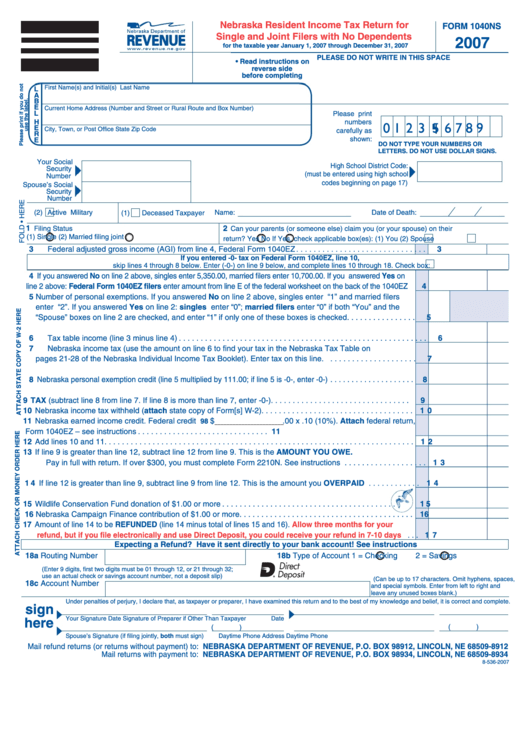 Form 1040ns - Nebraska Resident Income Tax Return For Single And Joint Filers With No Dependents - 2007 Printable pdf