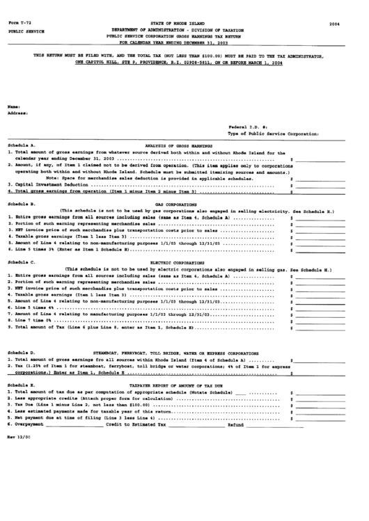Form T-72 - Public Service Corporation Gross Earnings Tax Return For Calendar Year Ending December 31,2003 Printable pdf