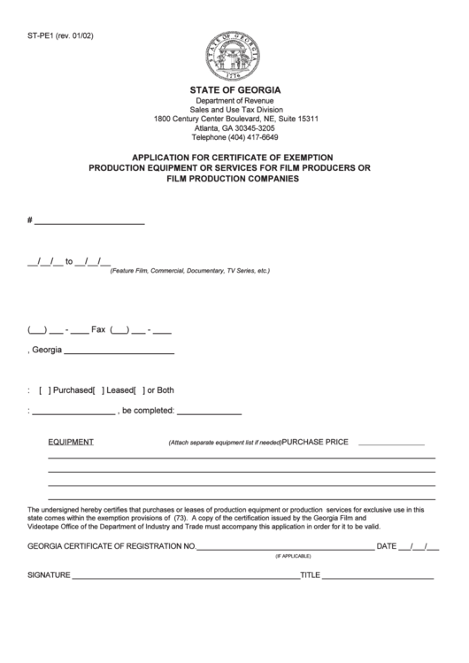Fillable Form St-Pe1 - Application For Certificate Of Exemption Production Equipment Or Services For Film Producers Or Film Production Companies Printable pdf