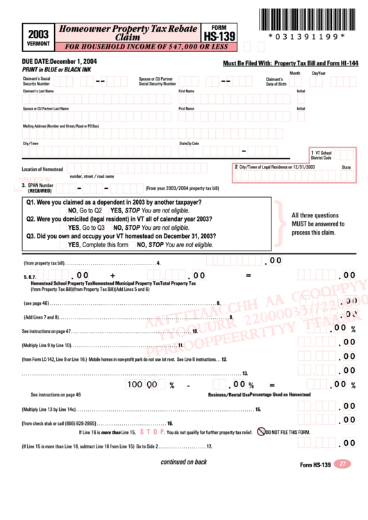 Form Hs-139 - Homeowner Property Tax Rebate Claim - Vermont Department Of Taxes - 2003 Printable pdf