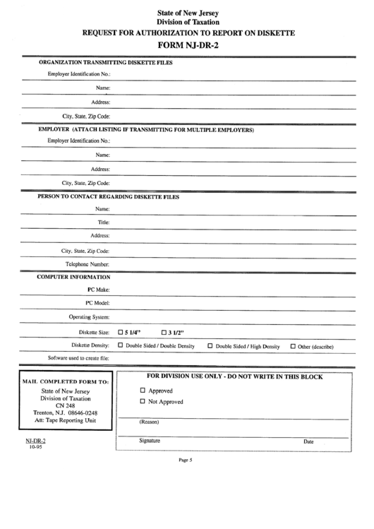 Form Nj-Dr-2 - Request For Authorization To Report On Diskette Printable pdf