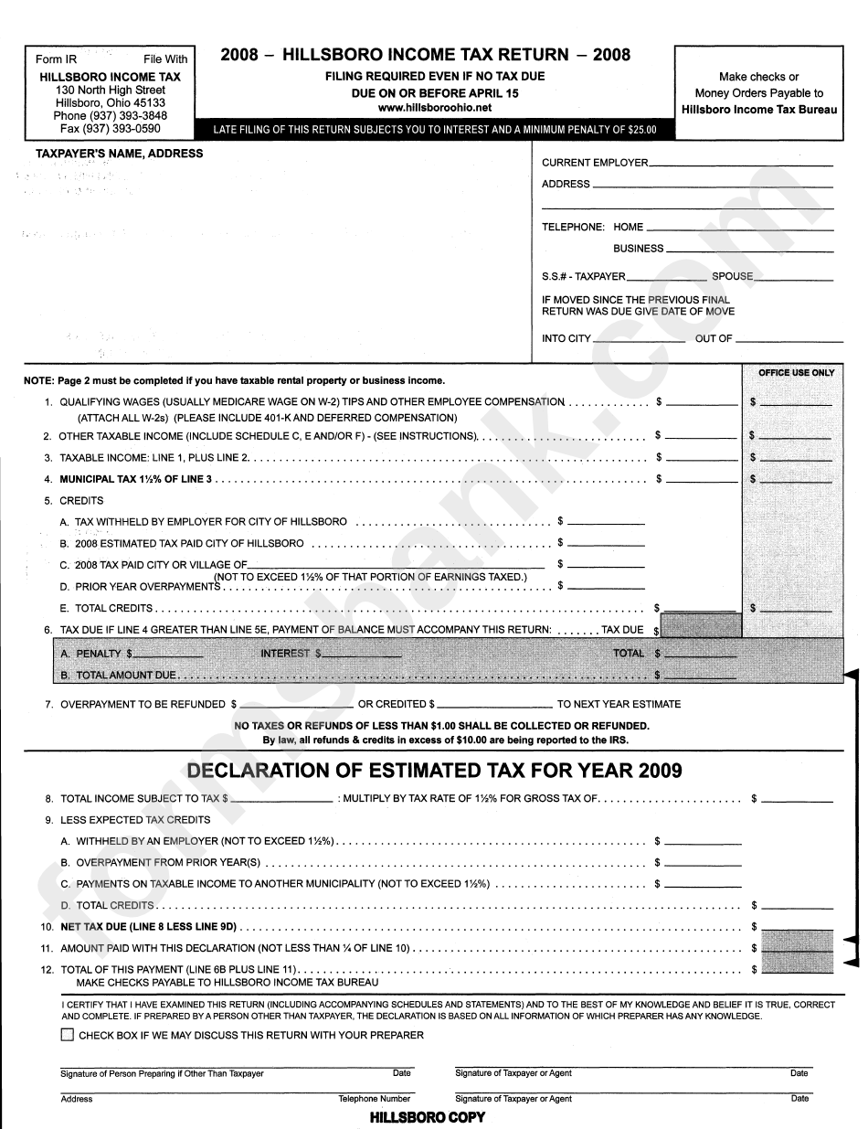 Form Ir - Hillsboro Income Tax Return - 2008