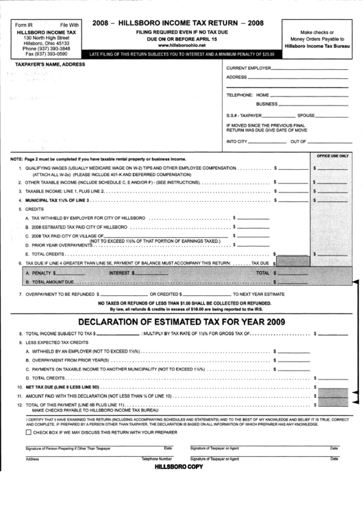 Form Ir - Hillsboro Income Tax Return - 2008 Printable pdf