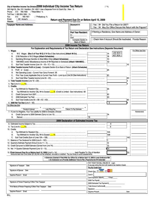 Form Ir-L - Individual City Income Tax Return - 2008 Printable pdf