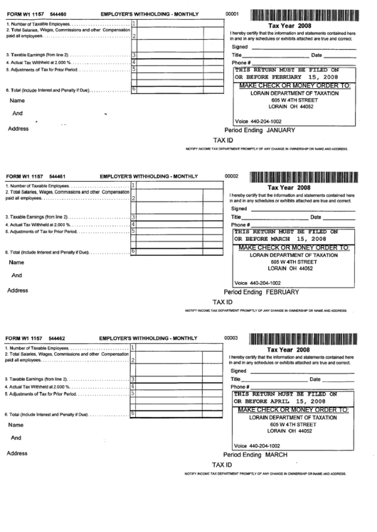 Form W1 1157 - Employer'S Withholding - Monthly - 2008 printable pdf ...