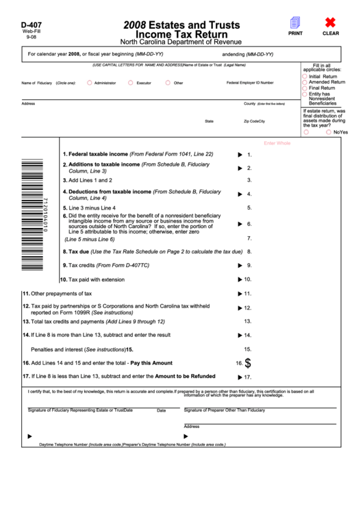 Fillable Form D-407 - Estates And Trusts Income Tax Return - 2008 Printable pdf