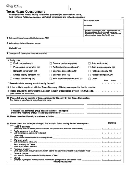 Fillable Form Ap-114 - Texas Nexus Questionnaire Printable pdf