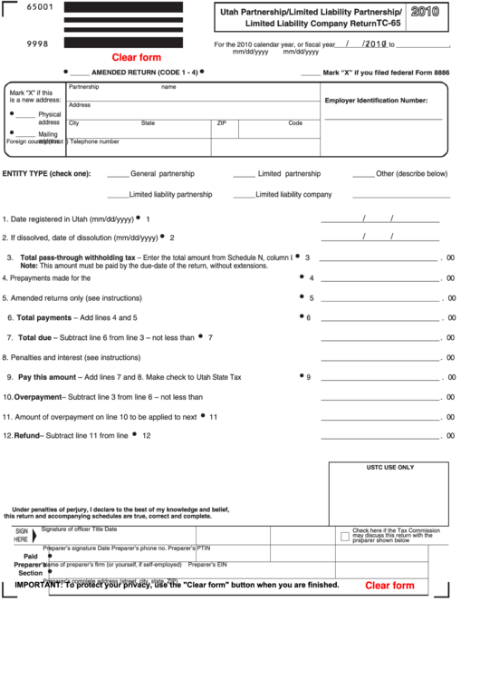 Fillable Form Tc-65 - Utah Partnership/limited Liability Partnership/limited Liability Company Return - 2010 Printable pdf