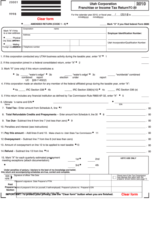 Fillable Form Tc-20 - Utah Corporation Franchise Or Income Tax Return - 2010 Printable pdf