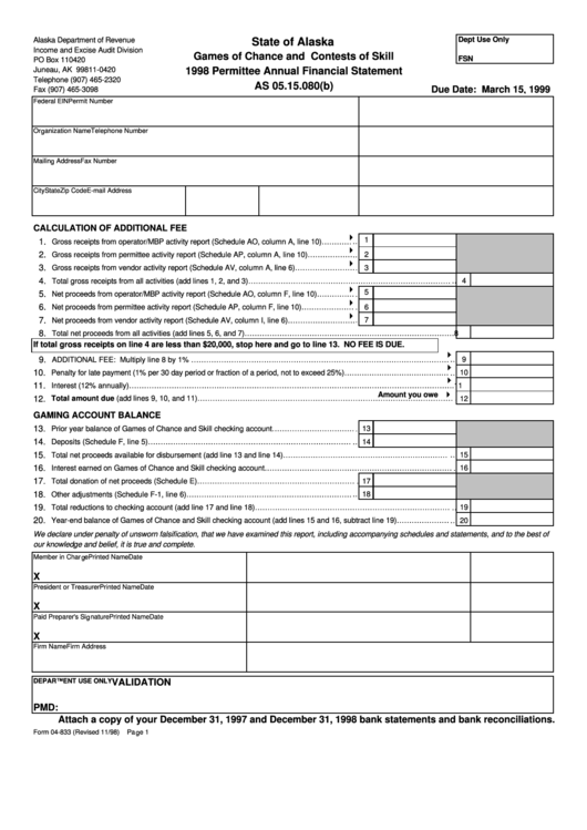 Fillable Form 04-833 - Games Of Chance And Contests Of Skill Permittee Annual Financial Statement - 1998 Printable pdf