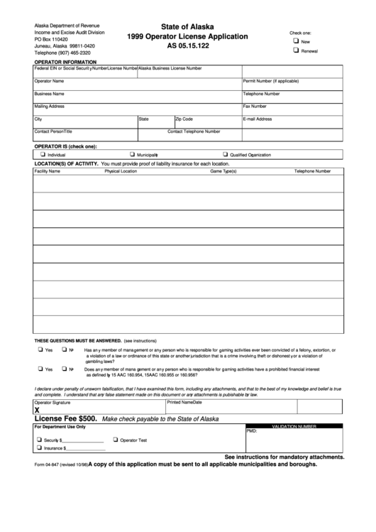 Fillable Form 04-847 - Operator License Application - 1999 Printable pdf