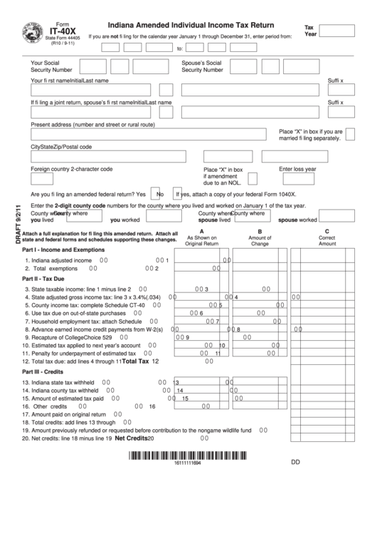 Form It-40x - Indiana Amended Individual Income Tax Return - 2011 Printable pdf