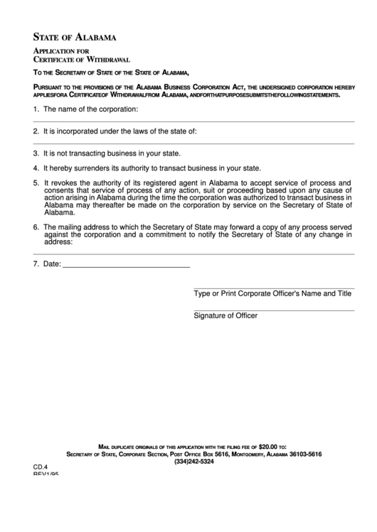 Form Cd.4 - State Of Alabama - Application For Certificate Of Withdrawal - 1995 Printable pdf