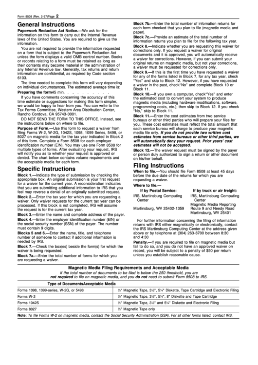 Instructions For Form 8508 (Rev. Feburary 1997) Printable pdf