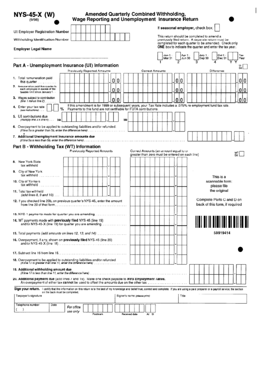 Fillable Form Nys45x - Amended Quarterly Combined Withholding, Wage Reporting And Unemployment Insurance Return Printable pdf