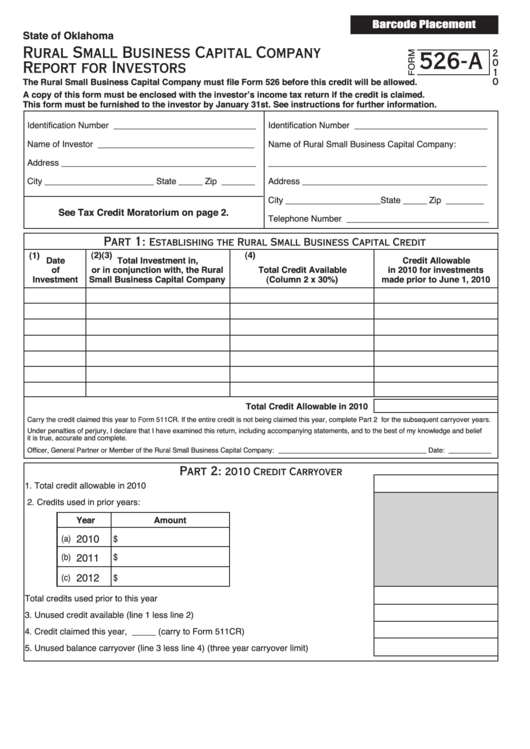 Form 526-A - Rural Small Business Capital Company Report For Investors - 2010 Printable pdf