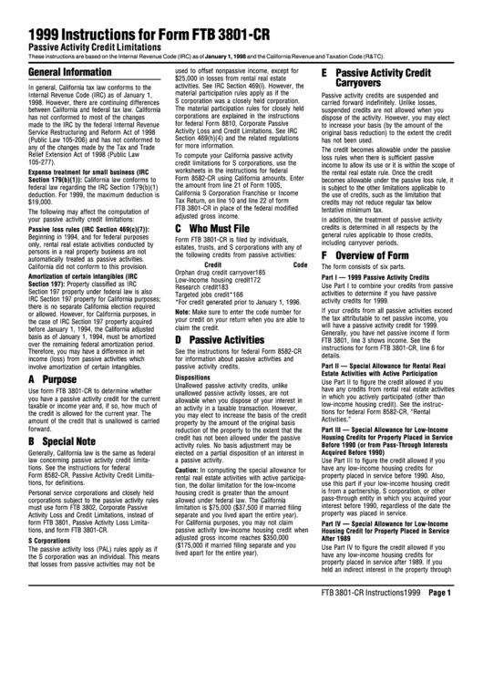 Instructions For Form Ftb 3801-Cr - Passive Activity Credit Limitations - 1999 Printable pdf