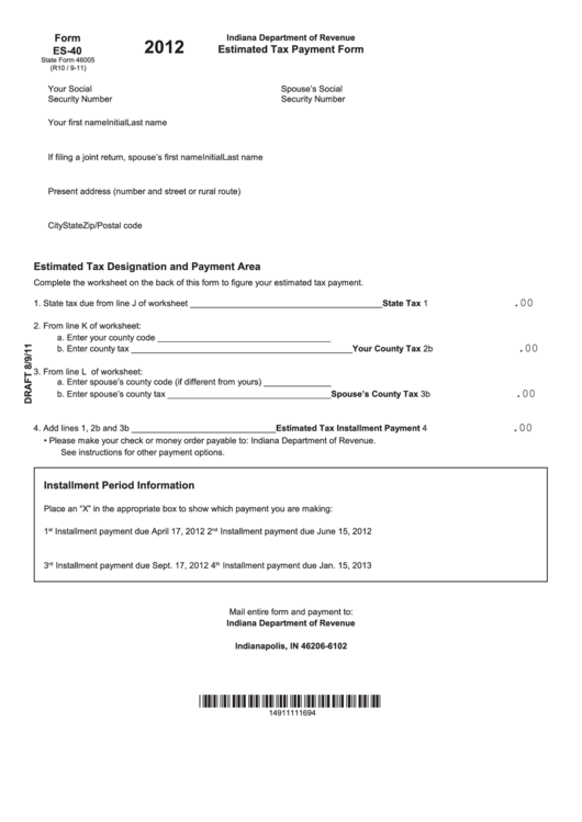 Form Es-40 - Estimated Tax Payment Form - 2012 Printable pdf