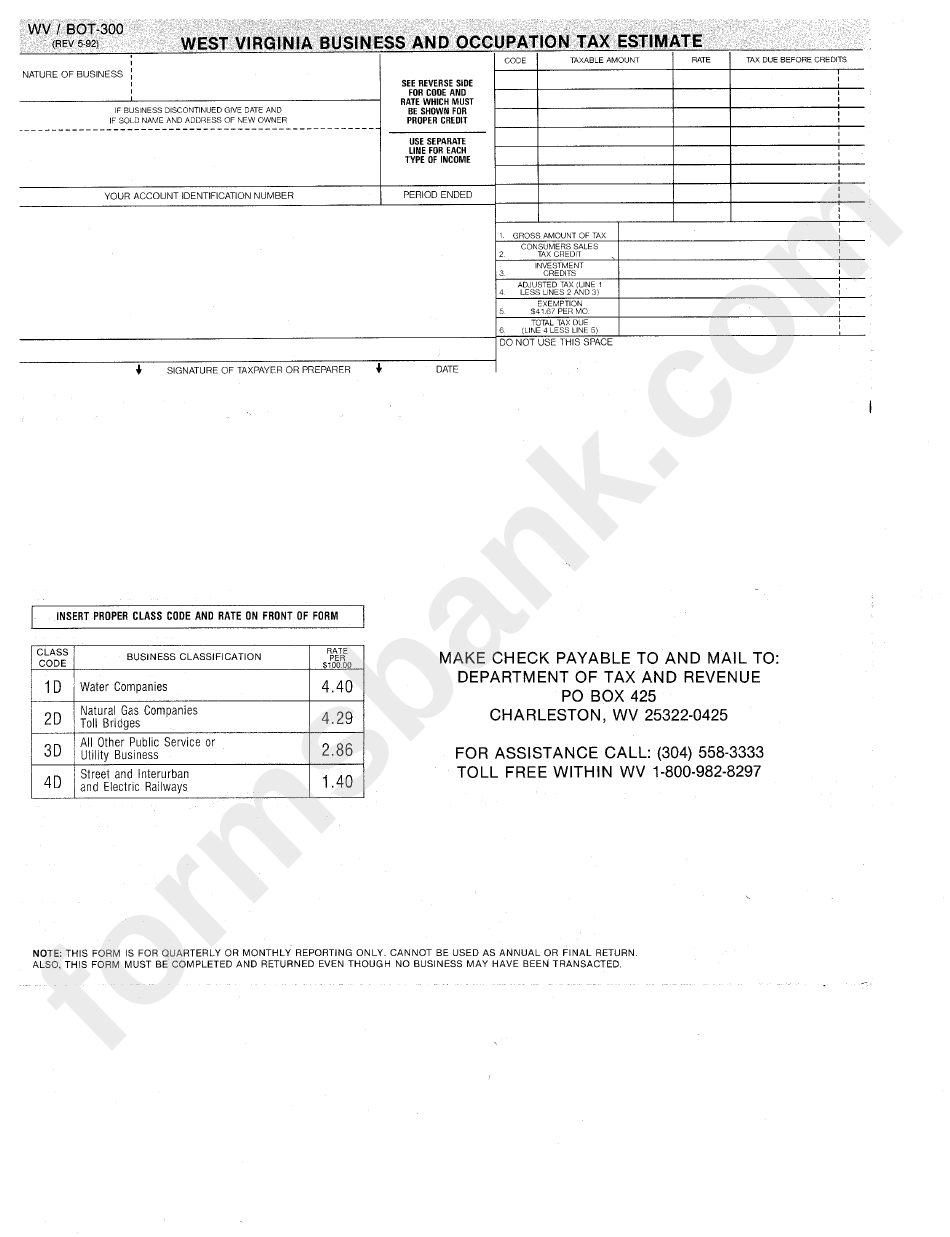 Form Wv/bot300 - West Virginia Business And Occupation Tax Estimate