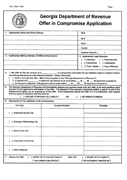 Form Oic-1 - Georgia Department Of Revenue Offer In Compromise Application Printable pdf