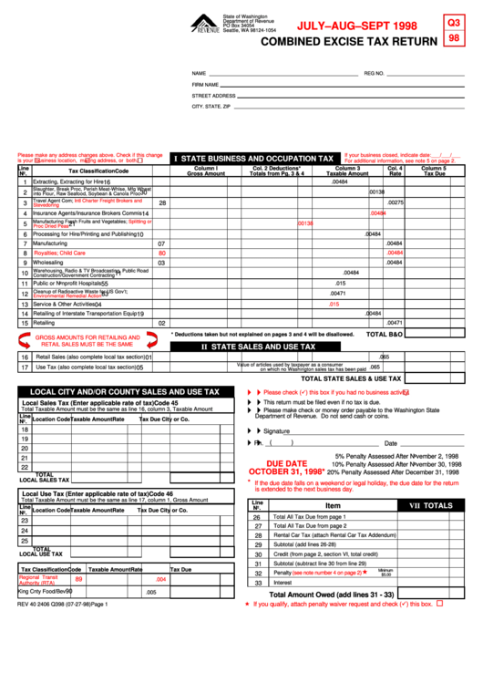 Fillable July-Aug-Sepr 1998 - Combined Excise Tax Return - 1998 Printable pdf