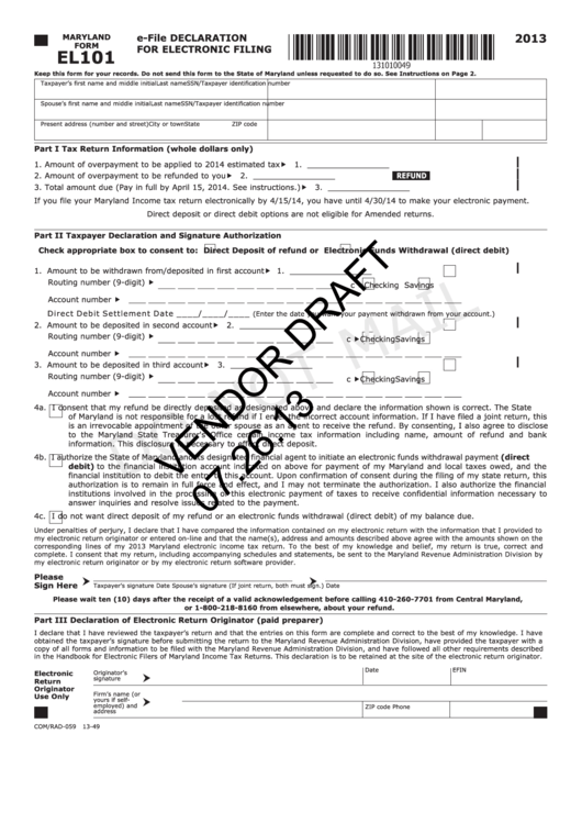 Maryland Form El101 Draft - E-File Declaration For Electronic Filing - 2013 Printable pdf