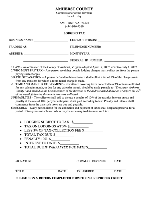Lodging Tax Amherst County, Virginia printable pdf download