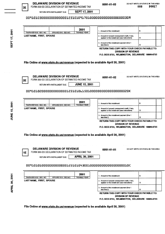 Form 200-Es - Declaration Of Estimated Income Tax - 2001-2002 Printable pdf