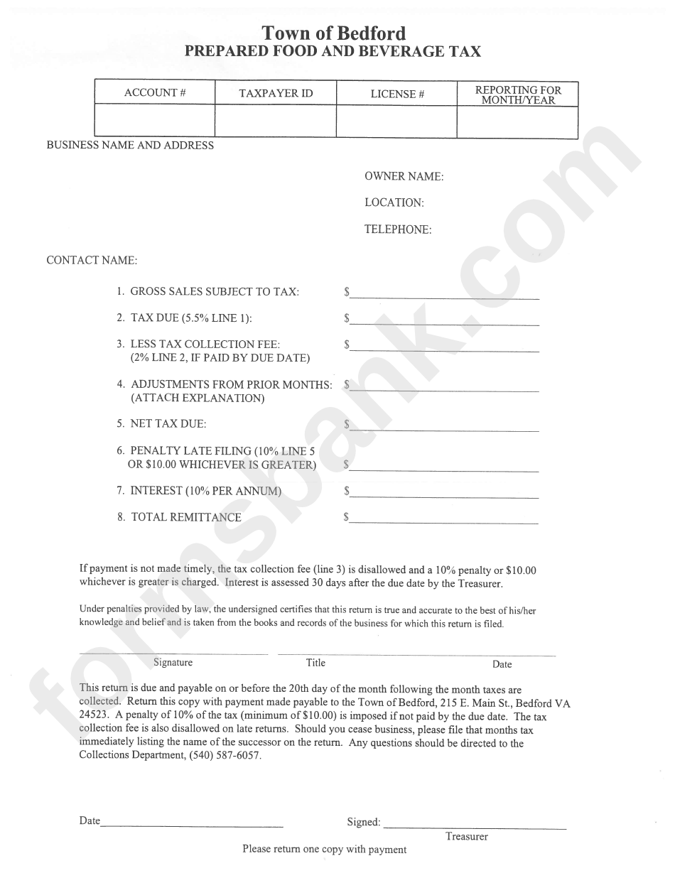 Town Of Bedford, Virginia Prepared Food And Beverage Tax printable pdf