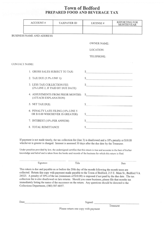 Town Of Bedford, Virginia Prepared Food And Beverage Tax printable pdf download