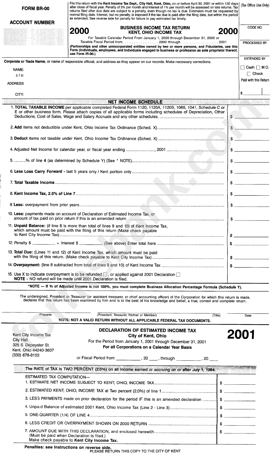 Form Br-00 - Business Income Tax Return Kent, Ohio Income Tax - 2000