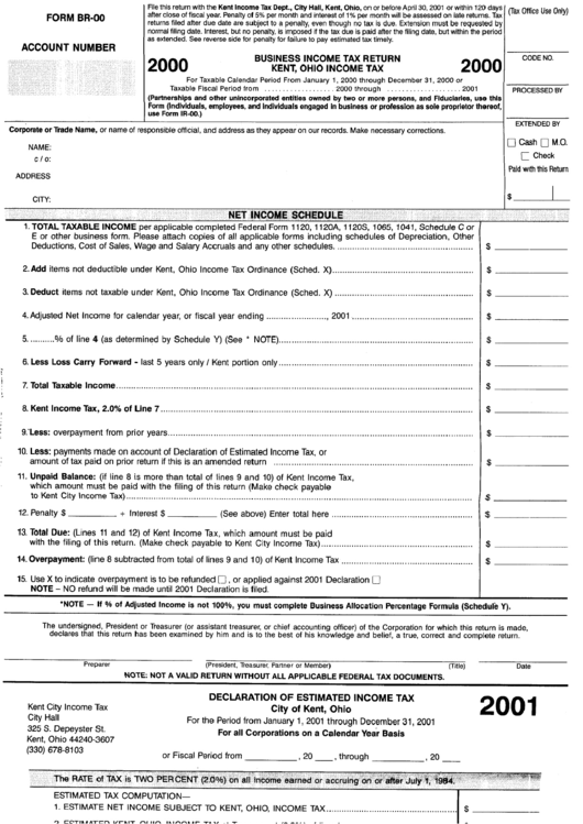 Form Br-00 - Business Income Tax Return Kent, Ohio Income Tax - 2000 Printable pdf