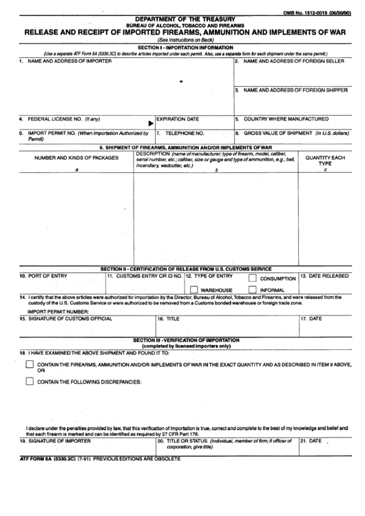 Atf Form 6a (5330.3c) - Release And Receipt Of Imported Firearms, Ammunition And Implements Of War Printable pdf