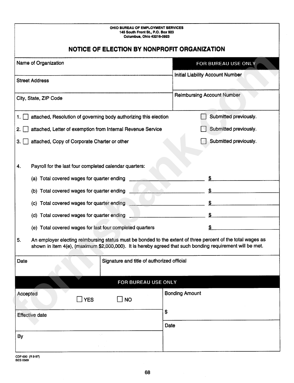 Form Cdf-690 - Notice Of Election By Nonprofit Organization - Ohio Bureau Of Employment Services