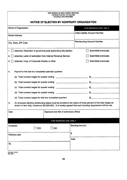 Form Cdf-690 - Notice Of Election By Nonprofit Organization - Ohio Bureau Of Employment Services Printable pdf