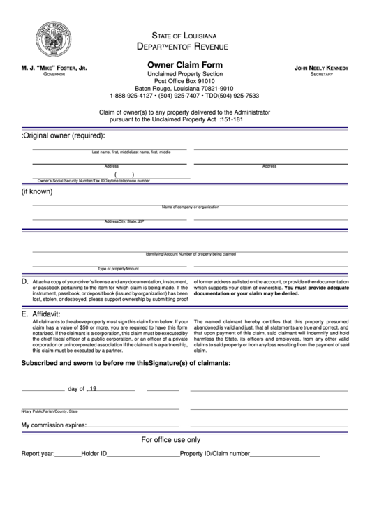 Fillable Owner Claim Form - Louisiana Department Of Revenue Printable pdf