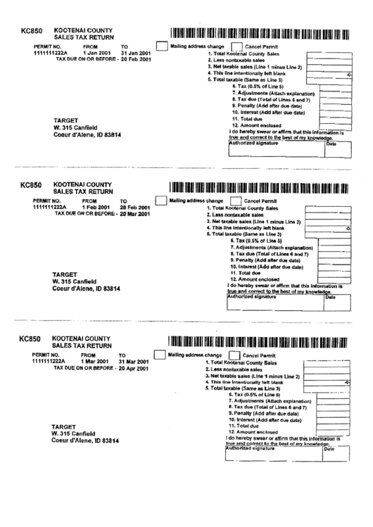 Form Kc850 - Kootenai County, Idaho Sales Tax Return - 2001 Printable pdf