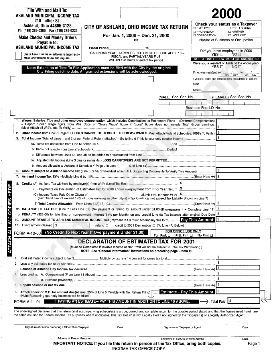 Form A-11-01 - City Of Ashland, Ohio Income Tax Return - 2000