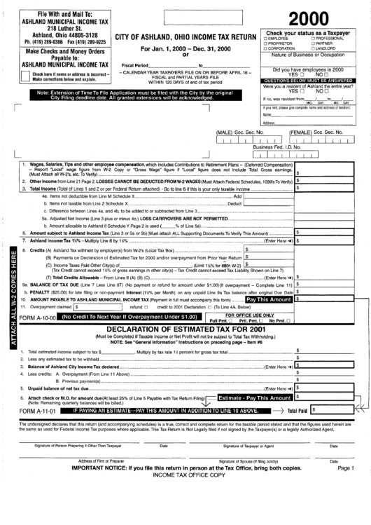 Form A-11-01 - City Of Ashland, Ohio Income Tax Return - 2000 Printable pdf