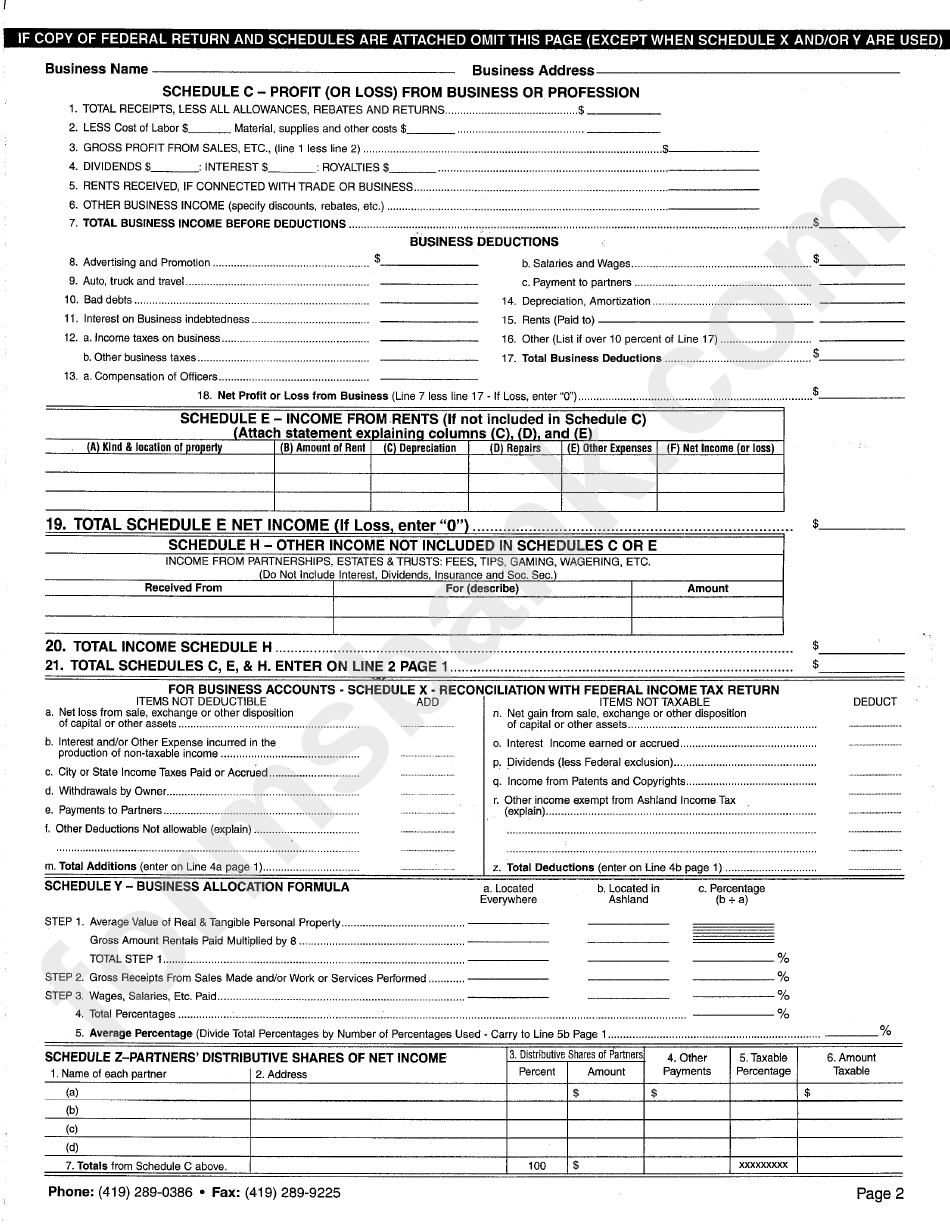 Form A-11-01 - City Of Ashland, Ohio Income Tax Return - 2000