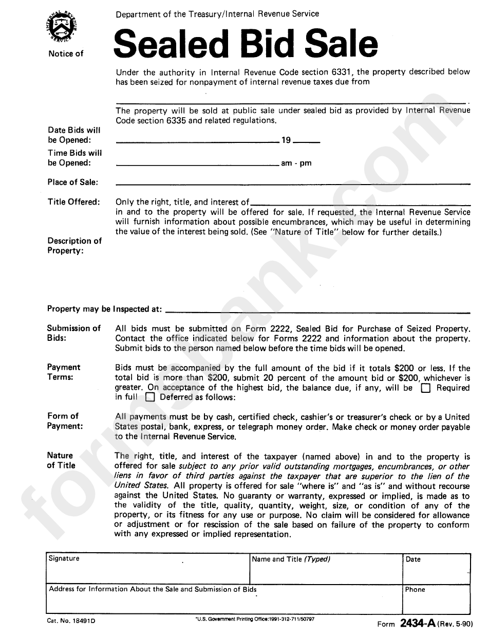 Form 2434-A - Notice Of Sealed Bid Sale
