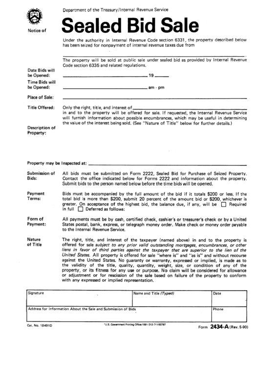 Form 2434-A - Notice Of Sealed Bid Sale Printable pdf