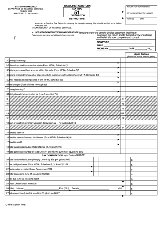 Fillable Form O-Mf1 51 - Gasoline Tax Return - 1998 Printable pdf
