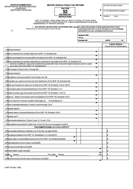 Fillable Form O-Mf1 52 - Motor Vehicle Fuels Tax Return Printable pdf