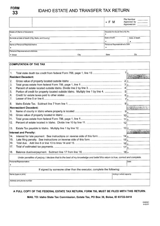 Form 33 - Idaho Estate And Transfer Tax Return Printable pdf