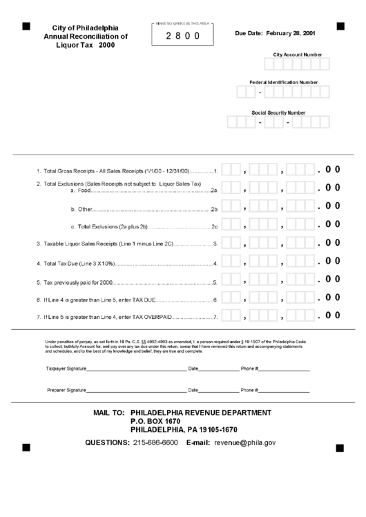 City Of Philadelphia Annual Reconciliation Of Liquor Tax - Philadelphia Revenue Department - 2000 Printable pdf