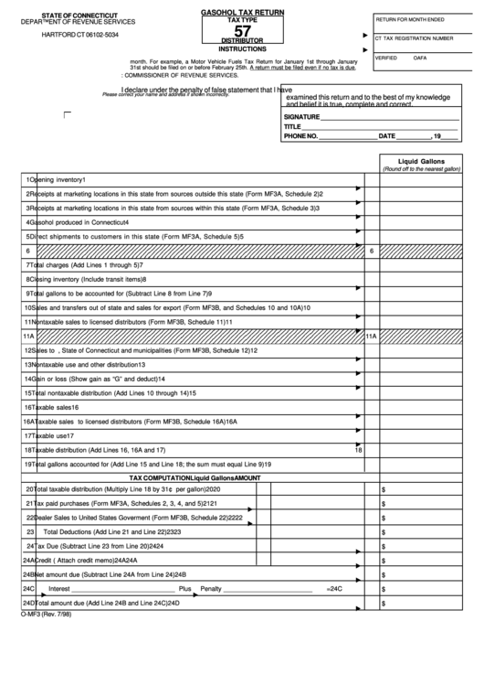 Fillable Form O-Mf3 - Gasohol Tax Return Printable pdf