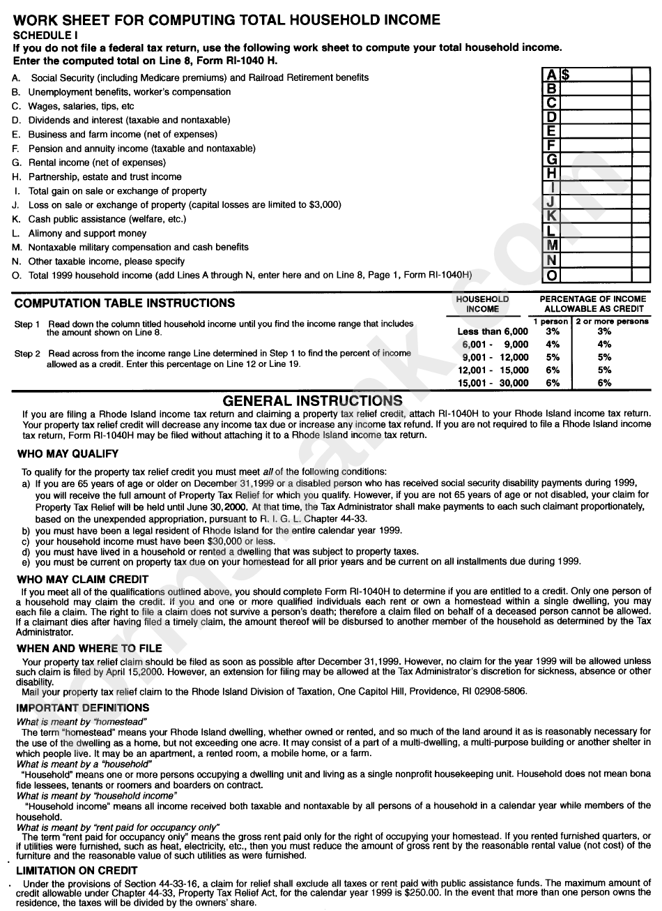 Work Sheet For Computing Total Household Income